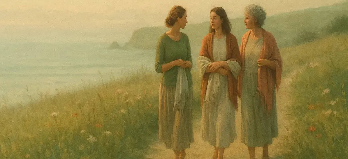 Drei Frauen auf einem Frauen-Retreat laufen einen Weg am Meer entlang und unterhalten sich.