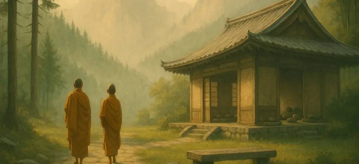 Zwei buddhistische Mönche laufen auf einem Steinweg an einem Meditations-Tempel vorbei.