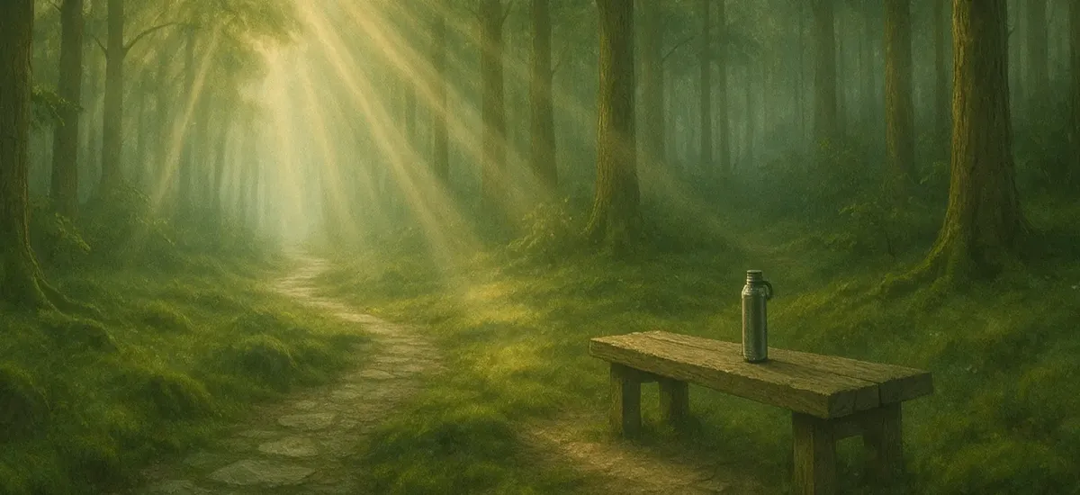Waldweg im Morgenlicht mit weichen Lichtstreifen, ruhige, geerdete Atmosphäre. 