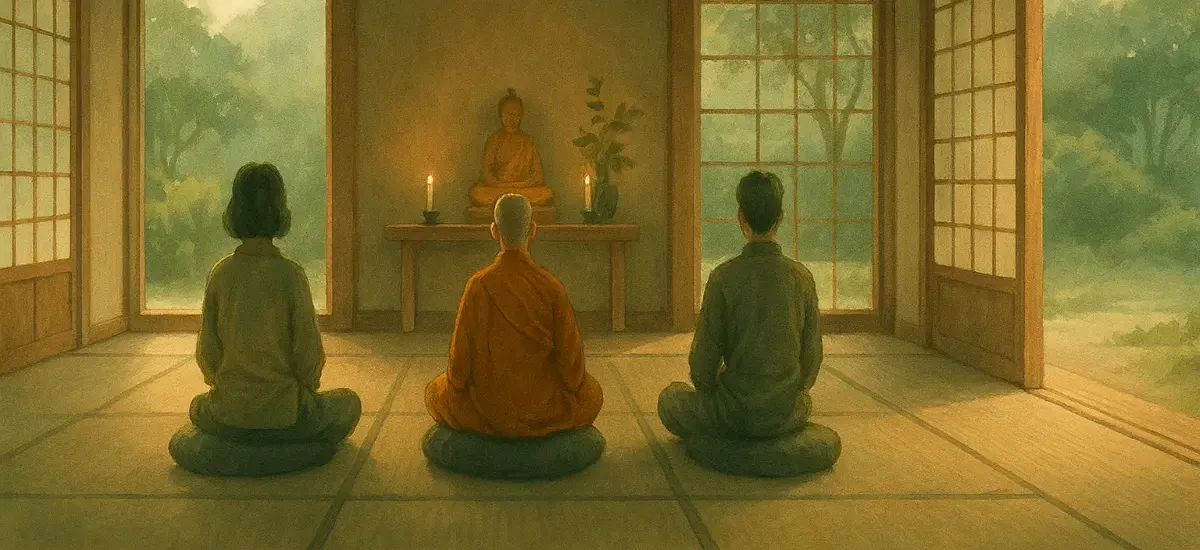 Zendo mit Sitzkissen in Reihen, tatami-ähnlicher Boden, weiches Seitenlicht. 