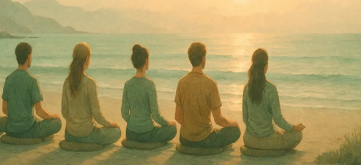 Gruppe am Strand auf einem Sitzkissen, praktizieren Atemübungen, sanfter Morgenhimmel, luftige Pose.