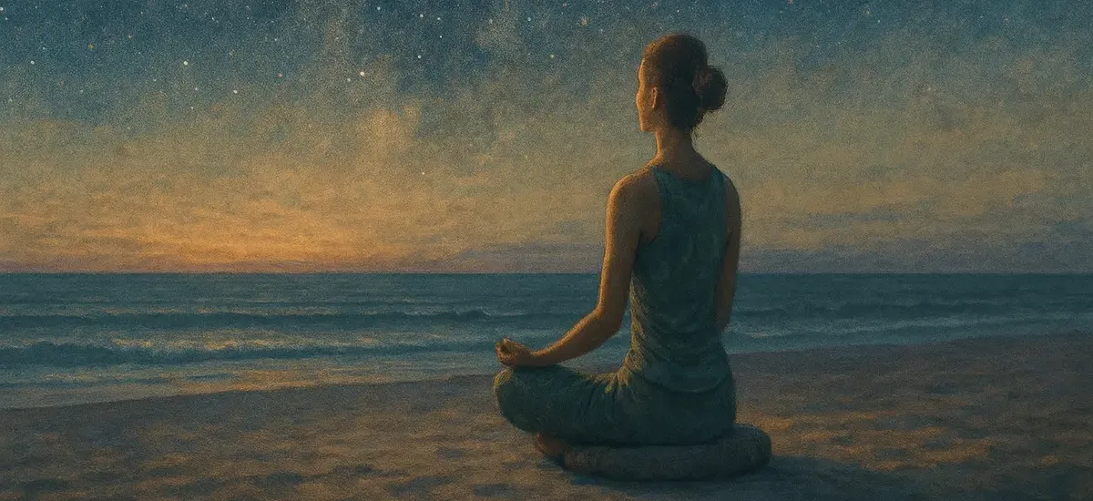 Eine Frau sitzt in Meditationshaltung am Strand, unter Sternenhimmel, weiches Mondlicht. 