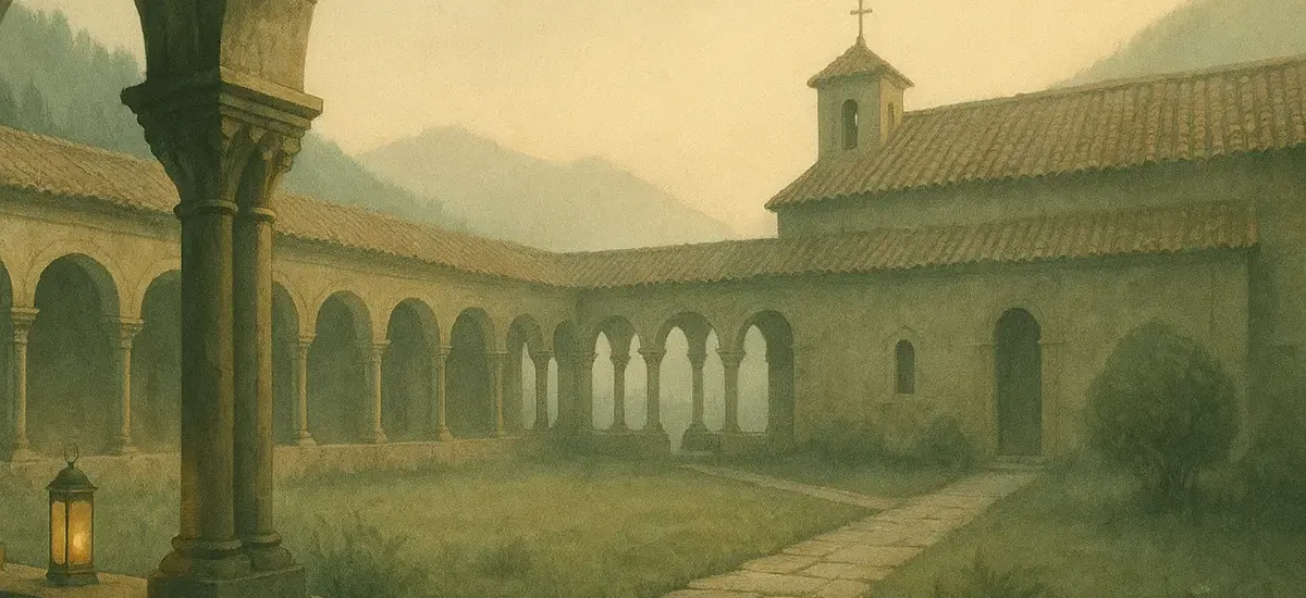 Klosterhof mit Arkaden und Garten im Morgenlicht. 