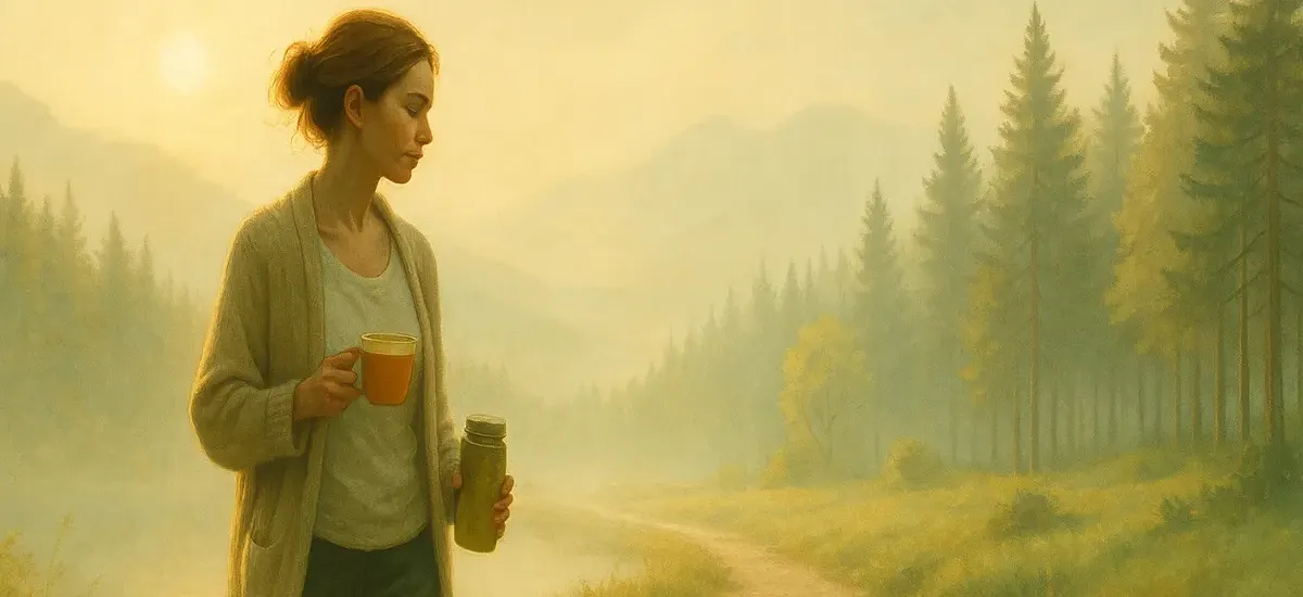 Frau mit Becher Brühe am Rande eines Waldes, weiches Licht, ruhiger Morgen. 