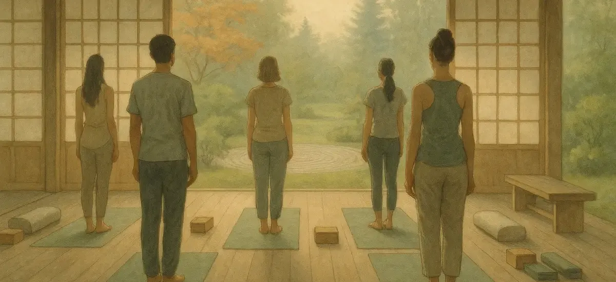 Eine Gruppe in einem Yoga-Retreat im japanisch inspirierten Pavillon – Morgenlicht durch Shoji, Blick in stillen Zen-Garten. 