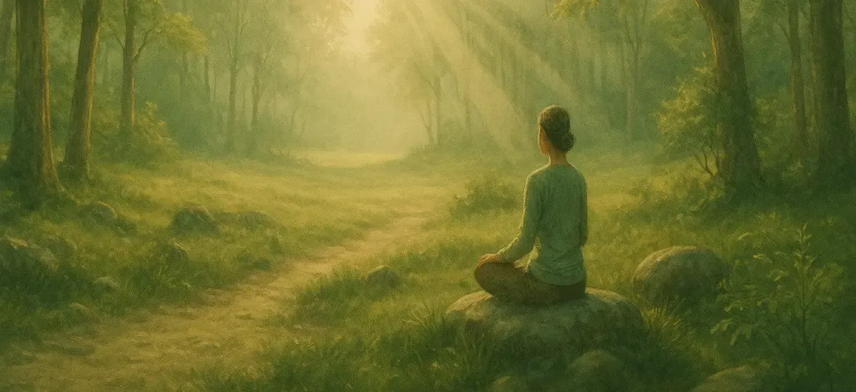 Eine Frau sitzt achtsam in Meditationshaltung auf einem Stein in einer Waldlichtung.