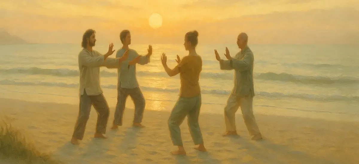 Gruppe auf einem Qi-Gong Retreat am Strand im Kreis bei Sonnenaufgang, synchrone Qi-Gong-Bewegung. 