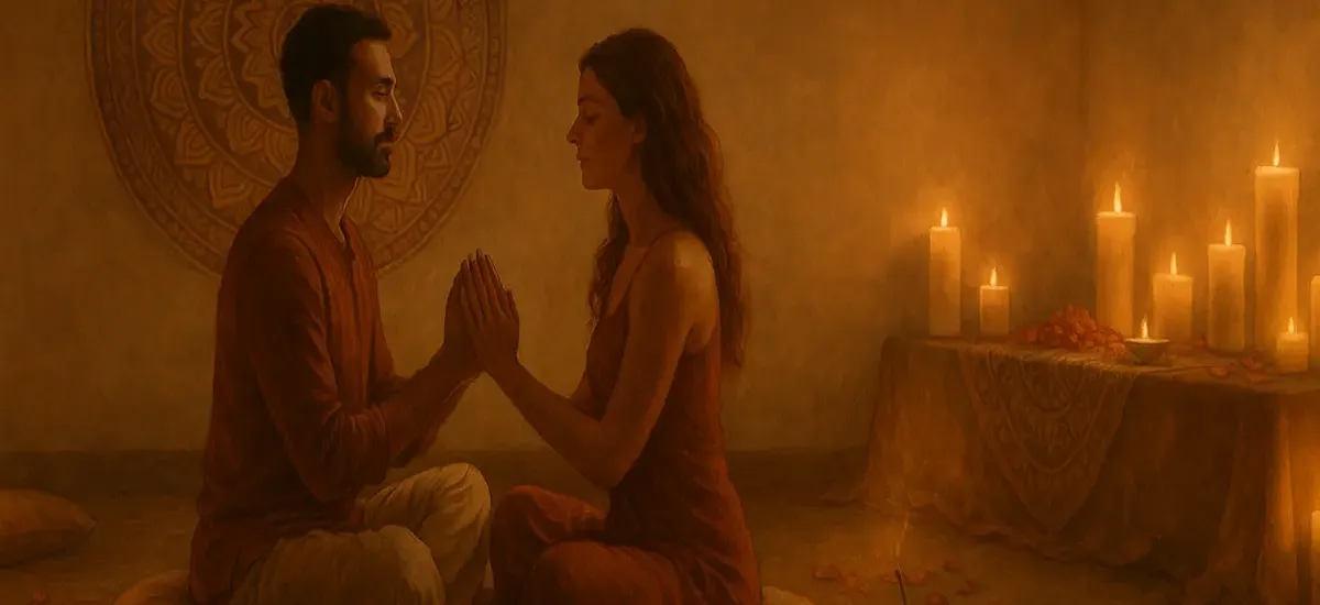 Ein Paar auf einem Tantra-Retreat sitzt auf einem Kissen und halten sich die Hände, sanftes warmes Raumlicht, dezente Berührung. 