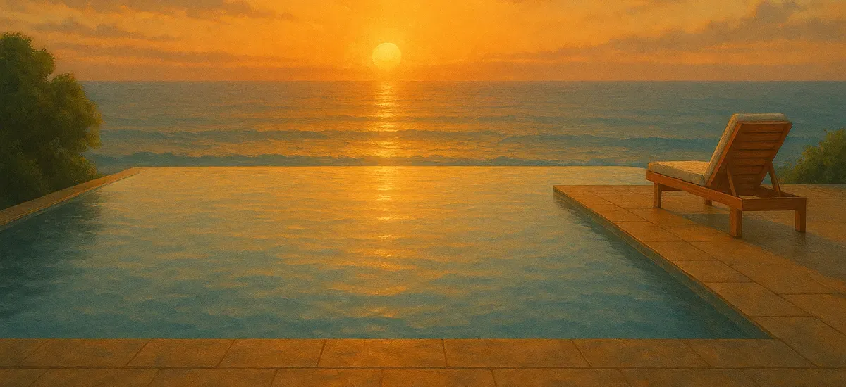 Infinity-Pool mit Blick auf Meer bei Sonnenaufgang, ruhige Wasserfläche. 