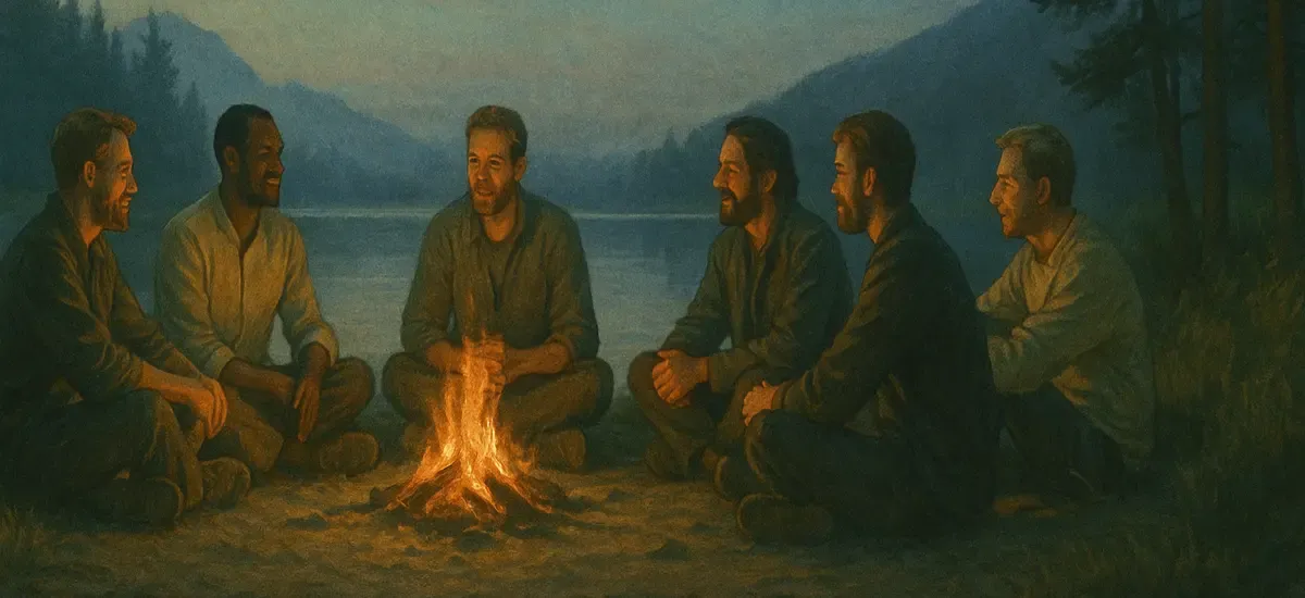 Männer auf einem Männer-Retreat sitzen am Lagerfeuer im Freien, warme Flammen, entspannte Runde. 