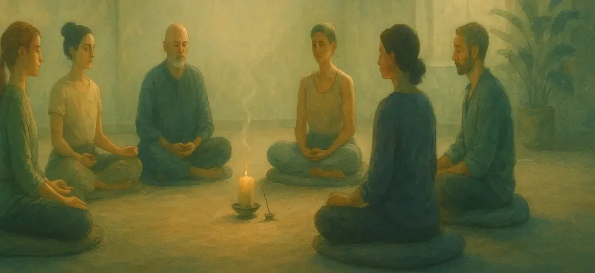 Sitzkreis in einem Meditations-Retreat mit Kerze und Räucherwerk in der Mitte, sanftes Licht. Personen sind in tiefer Meditation. 