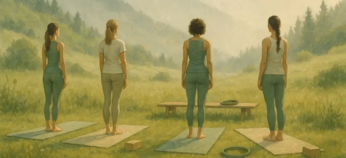 Vier Frauen auf einem Pilates-Retreat stehen auf Matten auf einer sonnigen Bergwiese – sanfter Dunst, Tannen und Gipfel in der Ferne. 